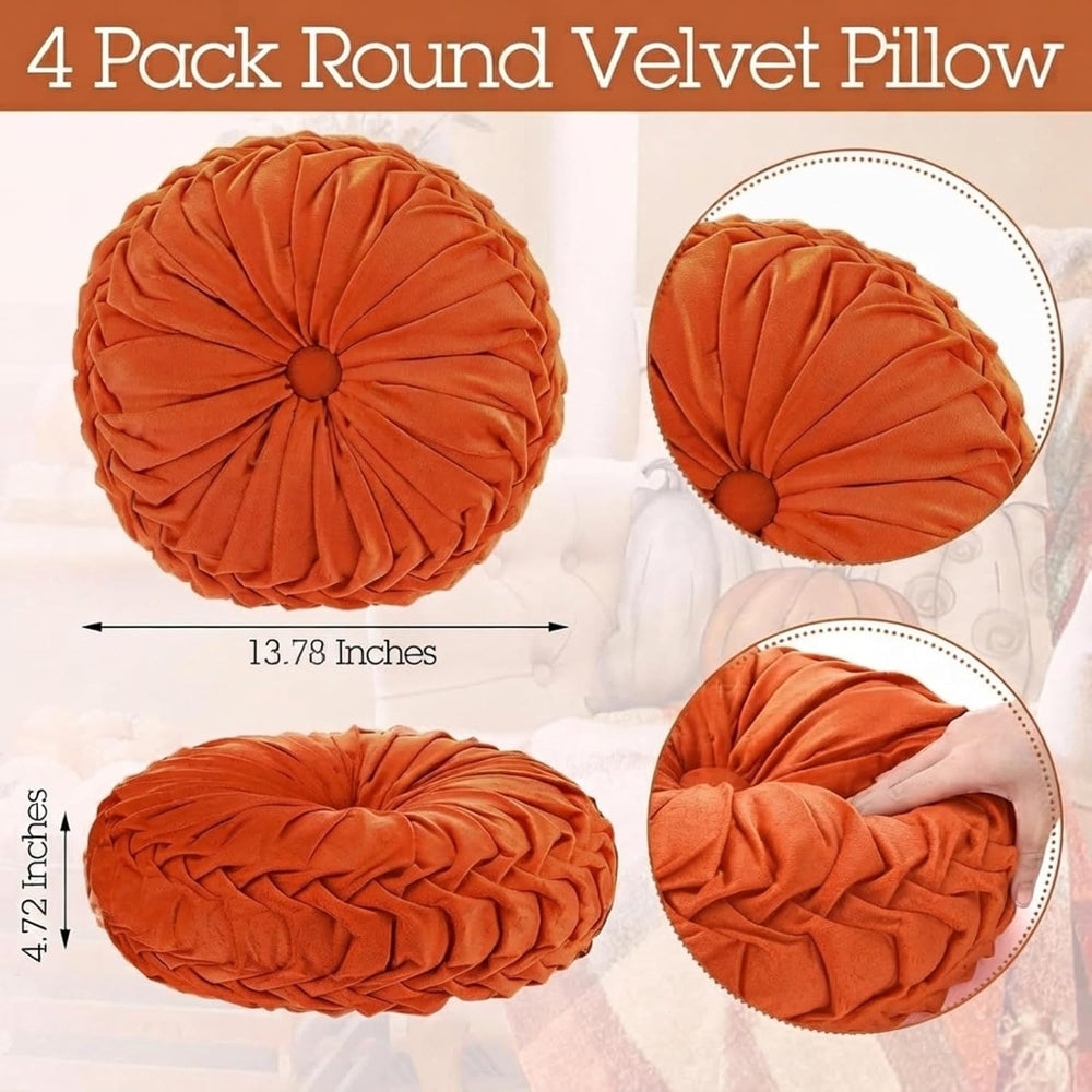 Kathfly 4 Pcs Round Throw Pillows Velvet Pleated Pillows, Cream, Orange