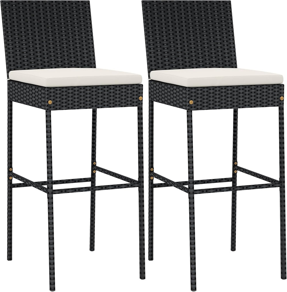 COSTWAY Outdoor Wicker Bar Stools Set of 2 with Cushion and Back Support