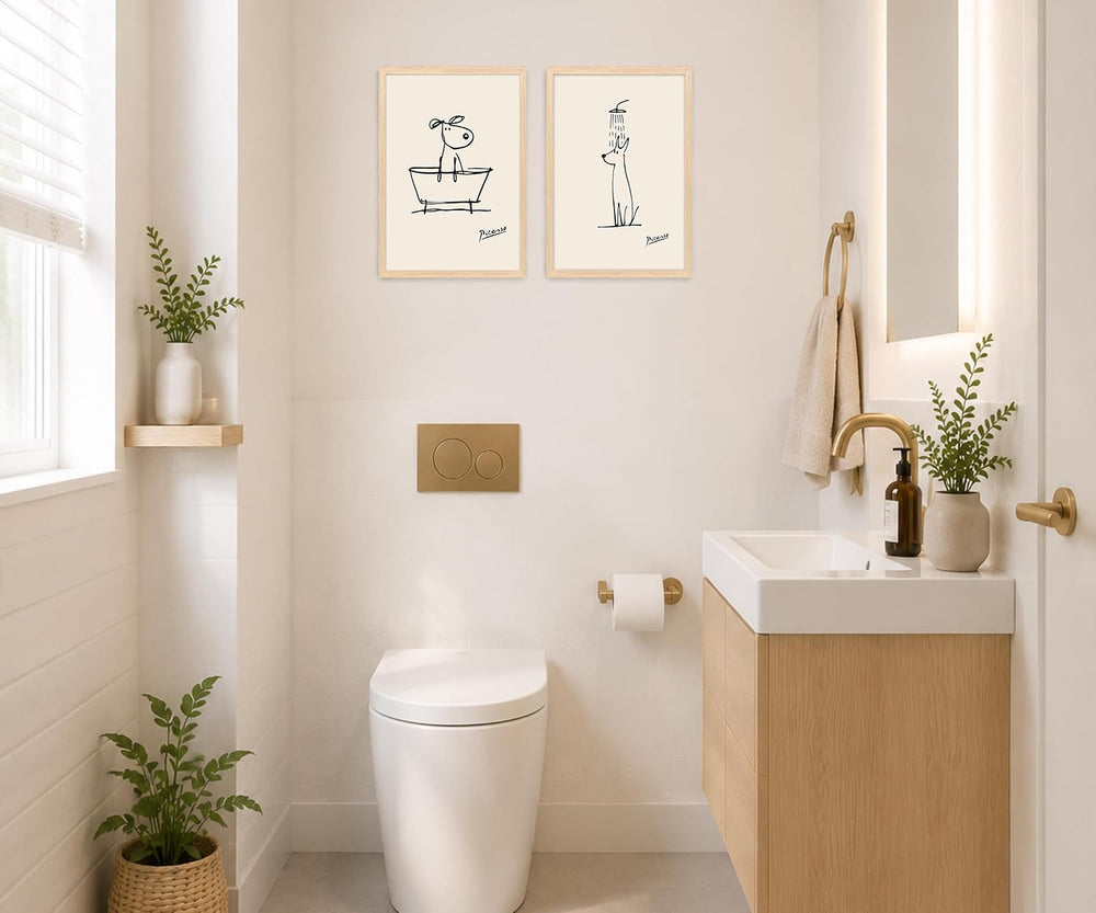 Framed Funny Dog Bathroom Wall Art Black and White Line Art Poster Print, Abs...
