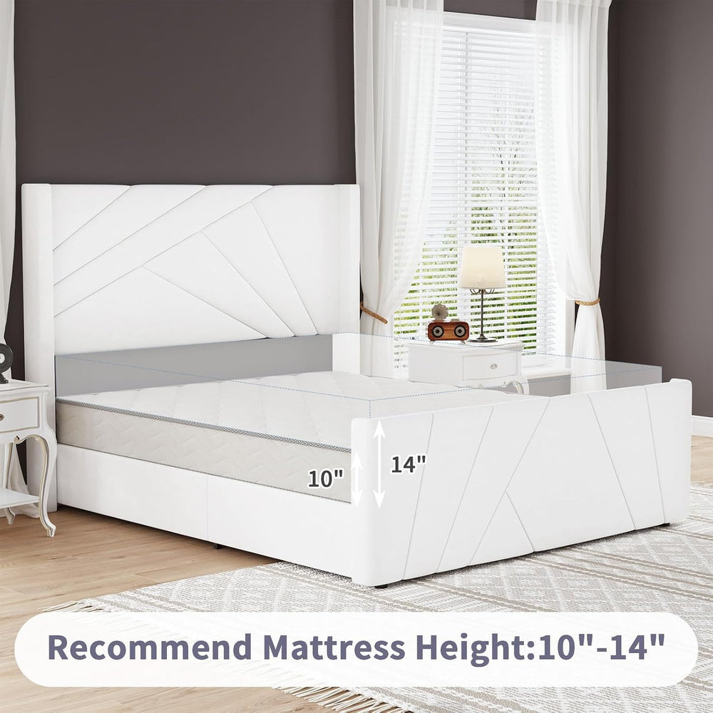 BarnFurin Full Size Bed Frame with Tall Geometric Wingback Headboard, Cream W...