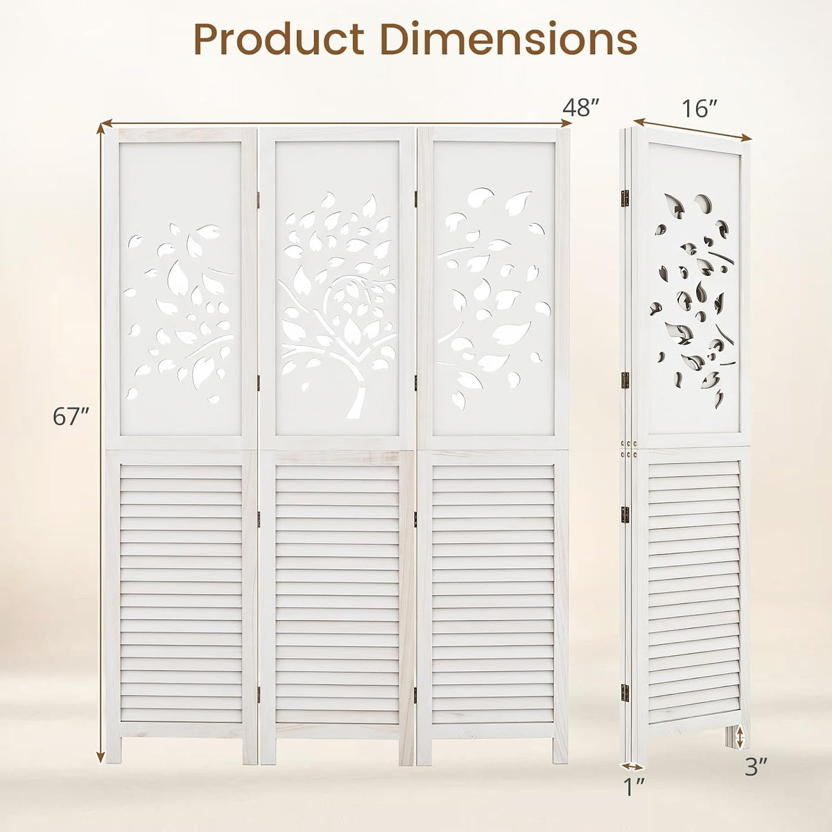 GIANTEX 3 Panel Folding Room Divider with Tree Leaf Cutout & Louvered Slats