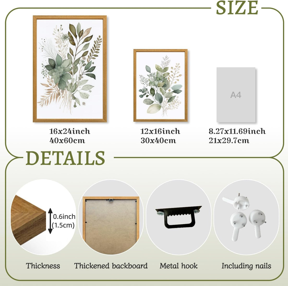 LLEEMPI Sage Green Botanical Wall Art Set of 3, 12x16 Wood Framed Prints