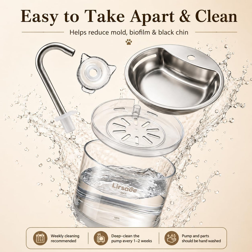Glass Cat Water Fountain, 2 L, Stainless Steel Drinking Tray