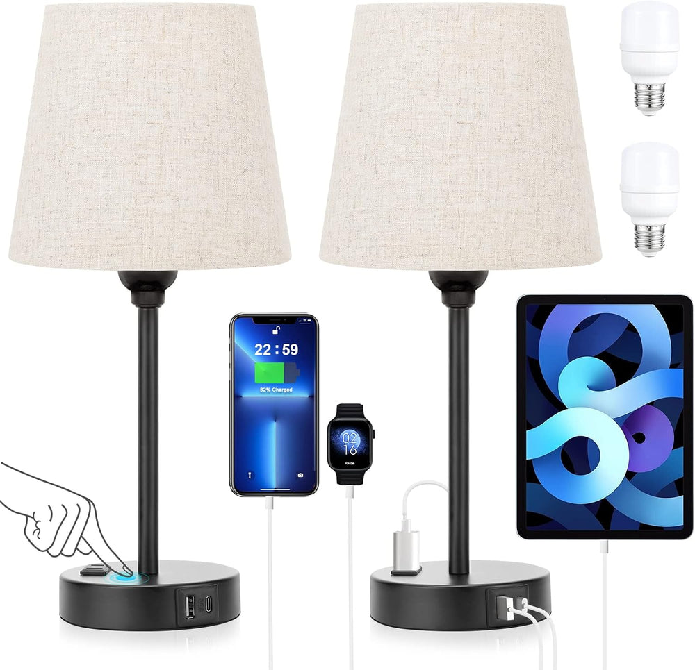 Bedside Table Lamps Set 2 for Bedroom - Dimmable Touch, USB C+A, AC Outlet