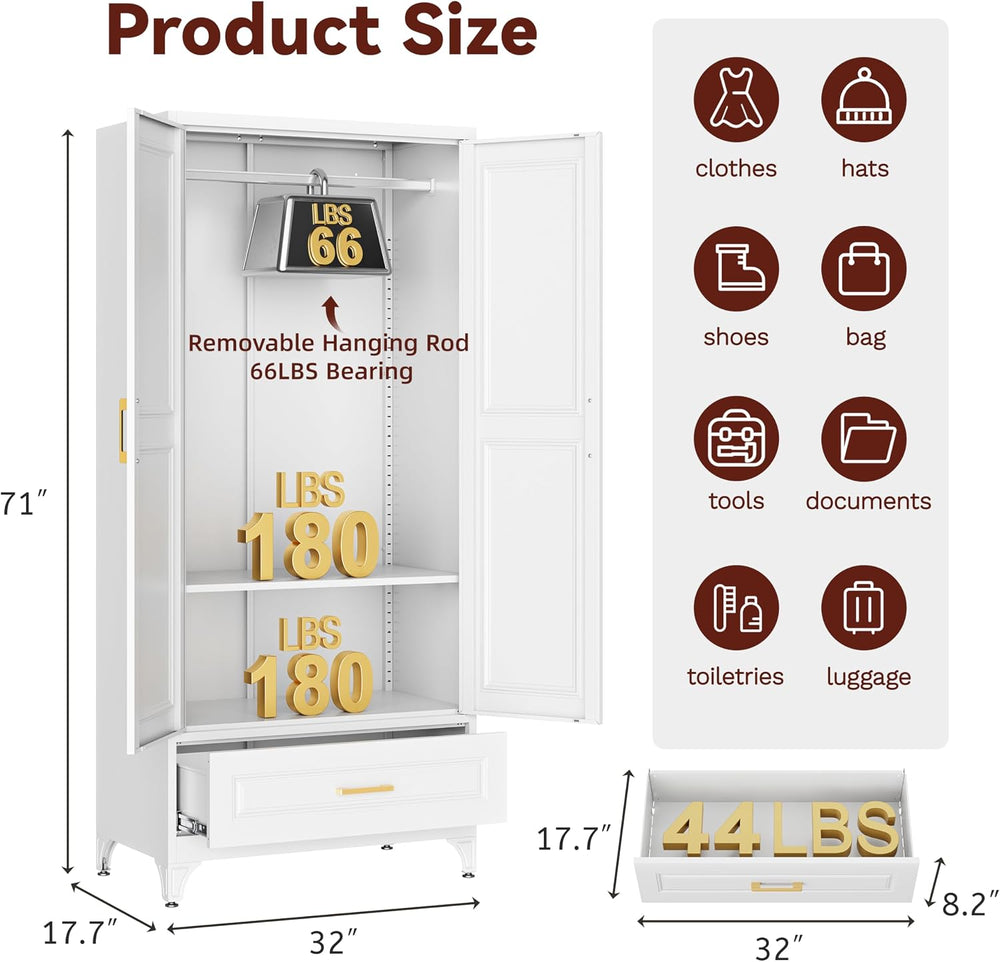 71" Tall Wardrobe Closet with Doors and Adjustable Shelves, White
