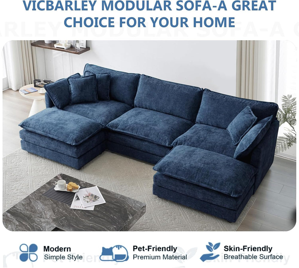 111.5" Modular Sofa 3-Seater Chenille Couch with 2-Ottoman,Blue