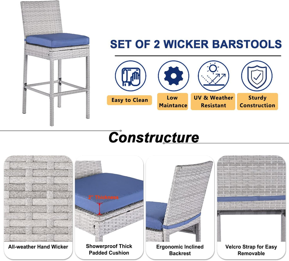 Outdoor Bar Stools Set of 2 Wicker Counter Height Bar Stools Patio Chairs Bar...