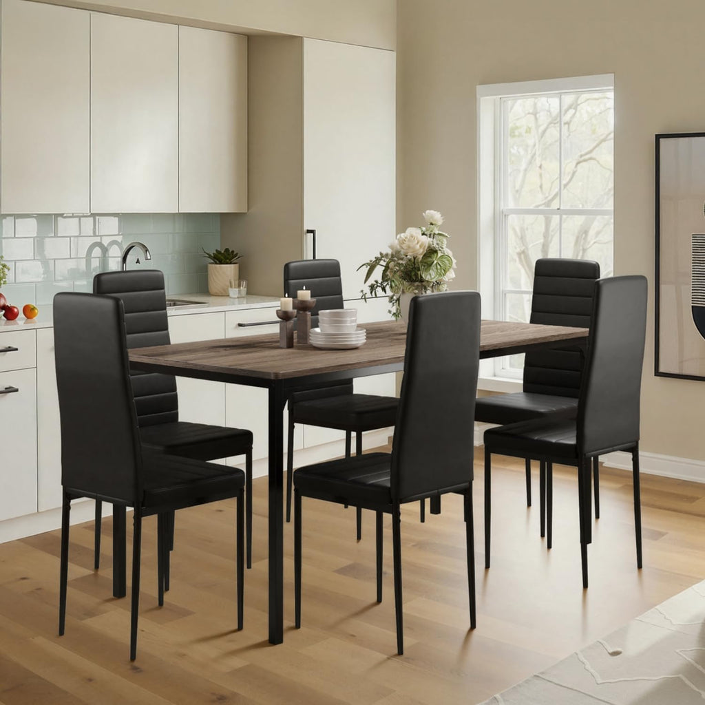 Gizoon 7-Piece Dining Table Set for 6, 63" Kitchen Table & PU Chairs Gray