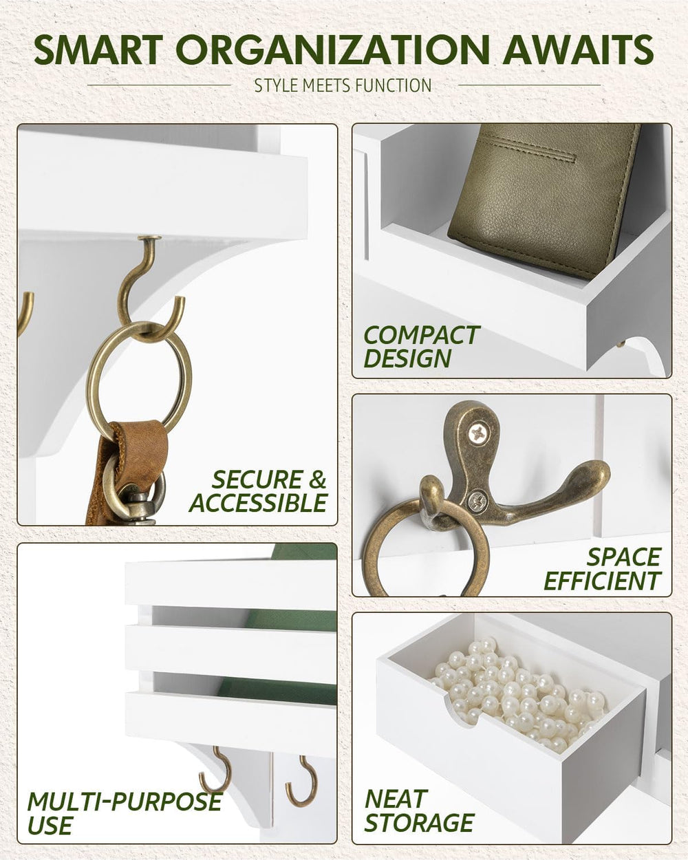 Rebee Vision Key Holder Wall Mount with Drawer & Shelf for Entryway, White