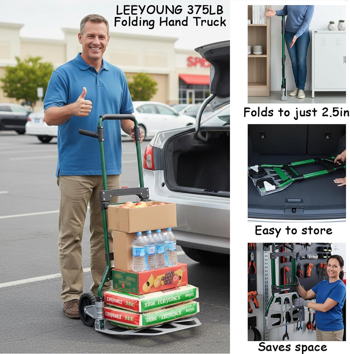 Leeyoung Folding Hand Truck Dolly 375lbs Aluminum Frame Large Platform