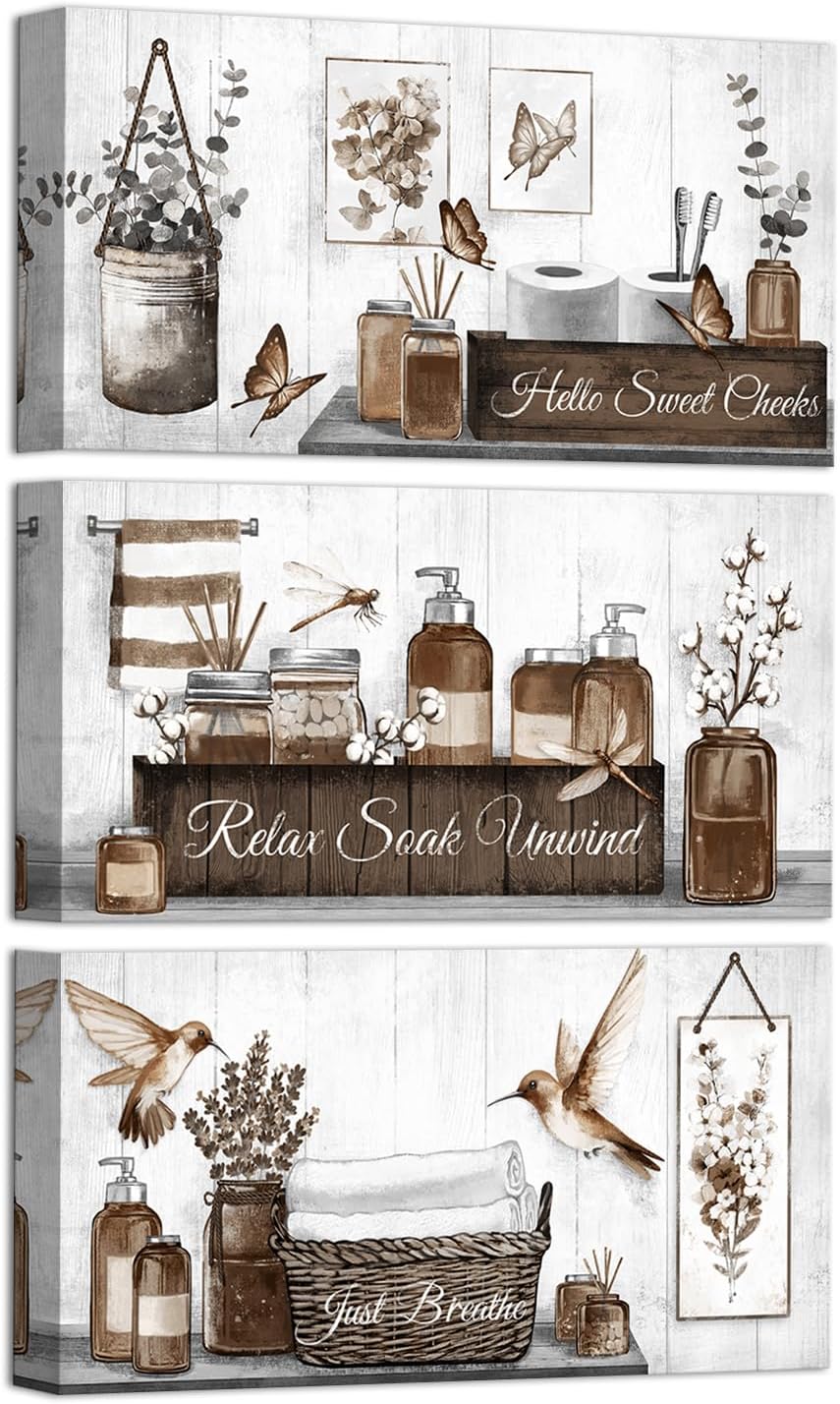 RnnJoile Farmhouse Bathroom Wall Art Set Brown Bathroom Pictures Wall Decor F...