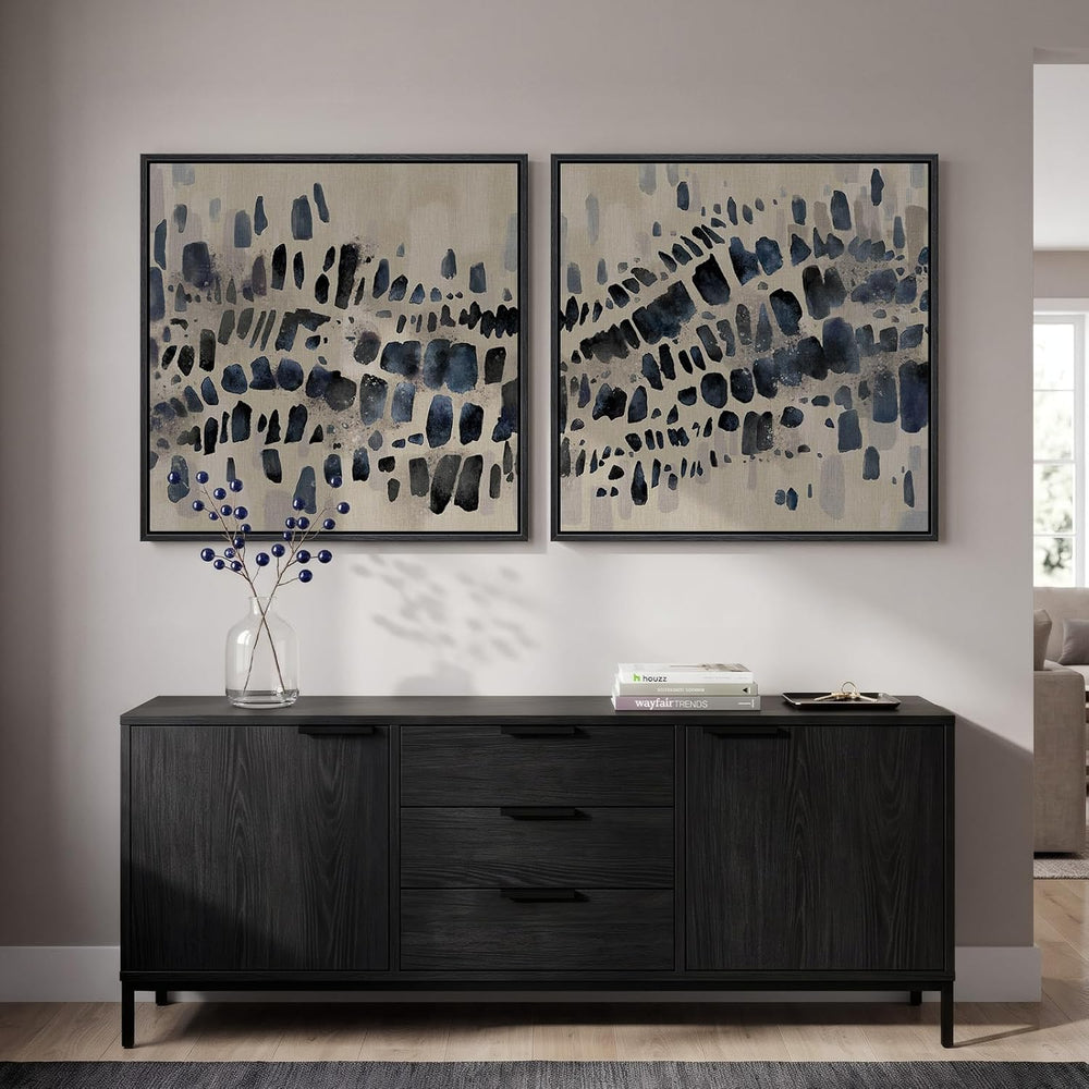 Framed Neutral Navy Blue Abstract Wall Art for Living Room Decor, 2 Piece