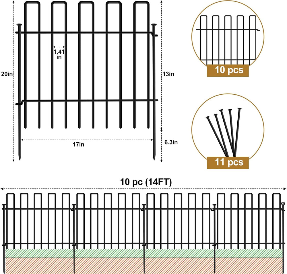 10 Panels No Dig Animal Barrier Fence, 13in(H) x 14ft(L) Garden Edging Border...