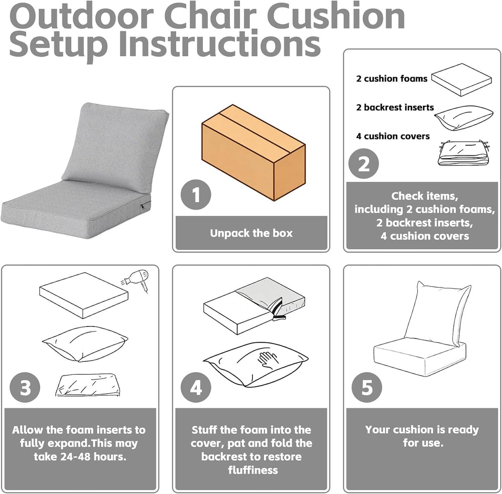24x24 Inch Outdoor Deep Seat Cushions Set of 2, Curved Cushion Cover, Flat Th...