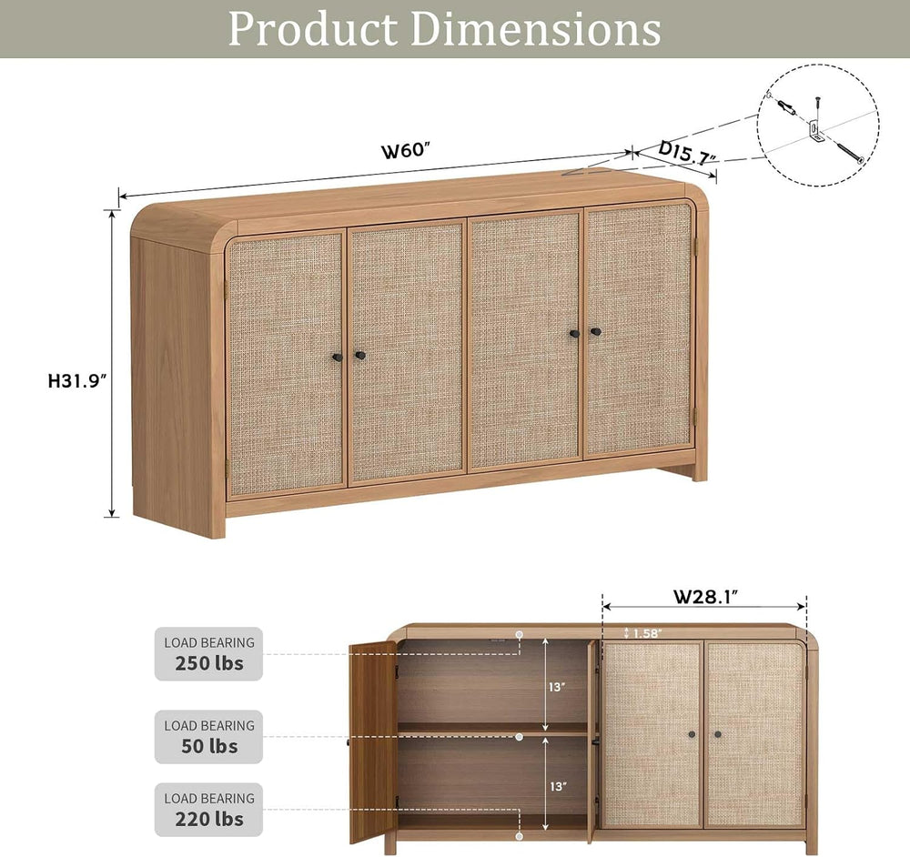 Oak Rattan Sideboard Buffet Cabinet, 60'', 4 Doors