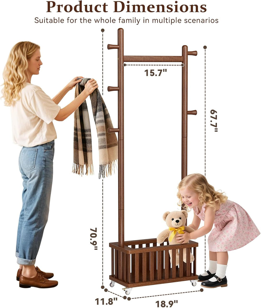 Taitiy Solid Wood Coat Rack with Wheels, Freestanding Coat Tree with Removabl...