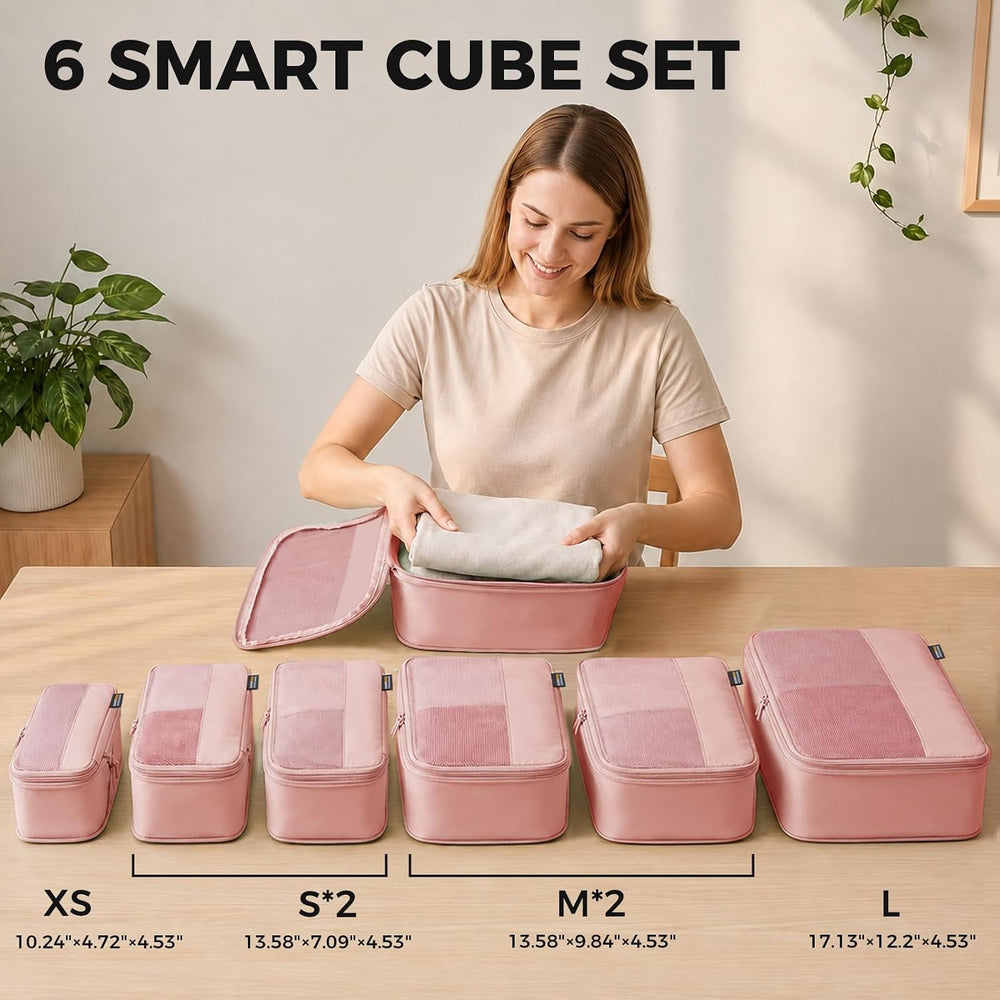 6 Piece Compression Packing Cubes for 7–14 Day Travel, Dusty Pink