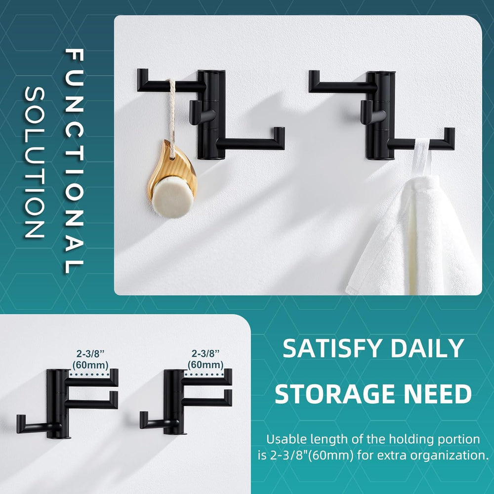 Angle Simple Swivel Towel Hooks for Bathrooms, 2 Pack Wall Hook Matte Black