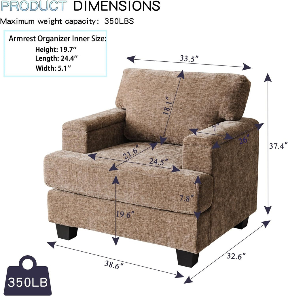 Rexulqo Oversized Accent Chair with Armrest Organizer,Chenille,Brown