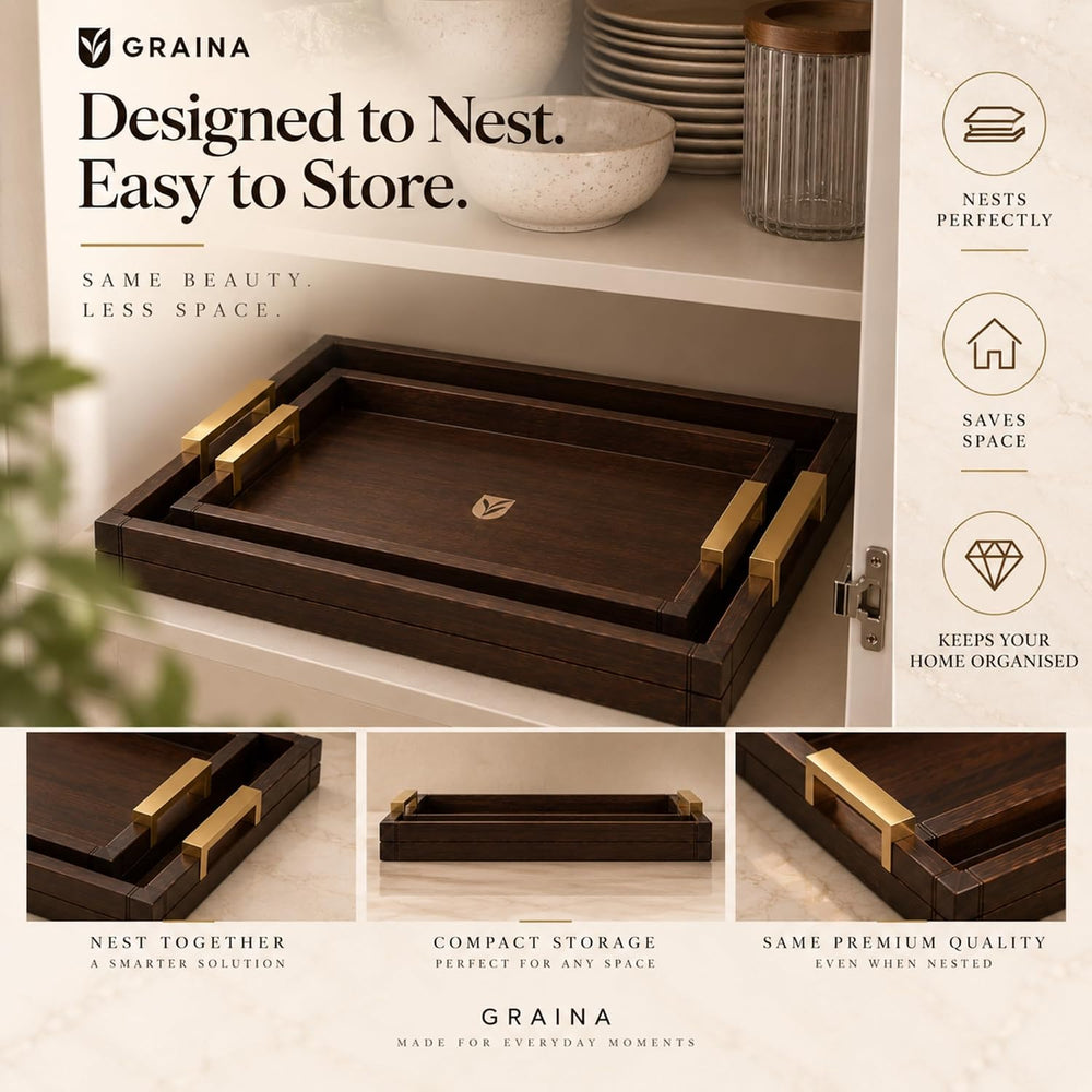 Acacia Wood Tray for Coffee Table, Set of 2 Ottoman Trays with Gold Handles