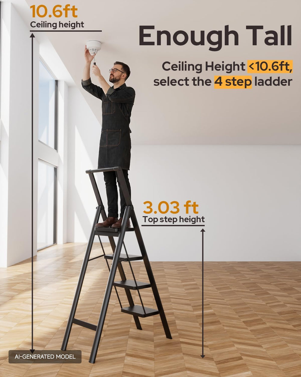 4 Step Ladder Folding Iron Step Stool Stepladders with Anti-Slip and Wide Ped...