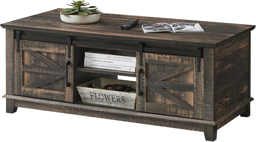 AMERLIFE 48" Farmhouse Coffee Table with Sliding Barn Doors, Black Oak