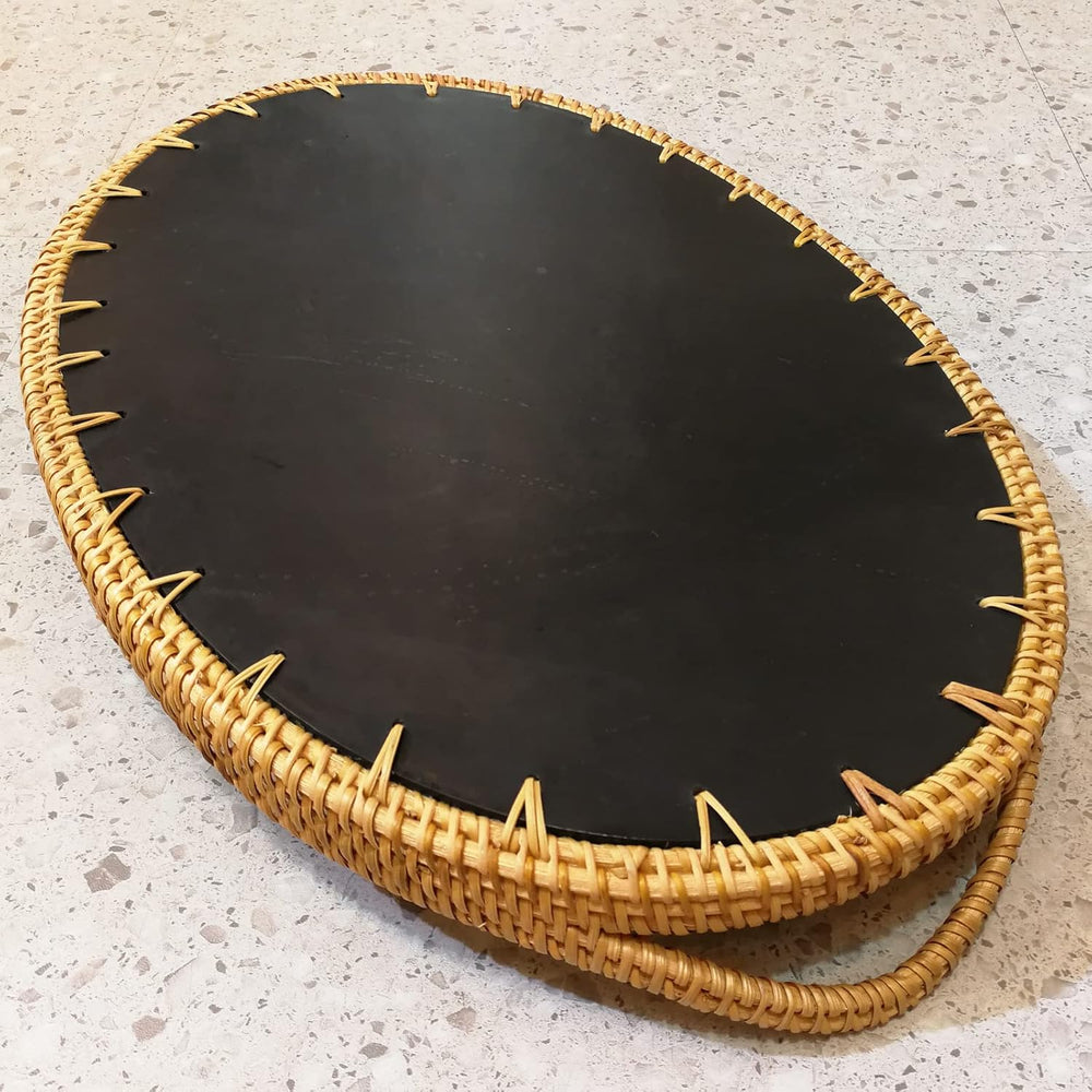 I-LAN 15 Inch Oval Rattan Woven Tray Basket with Beige MOP Wooden Base and Ha...