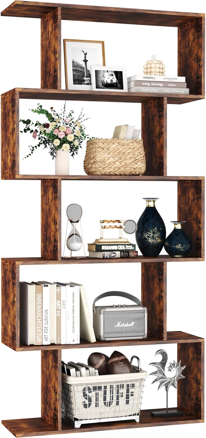 Yusong Bookshelf 5-Tier, Geometric Bookcase S Shaped Book Shelves for Bedroom...