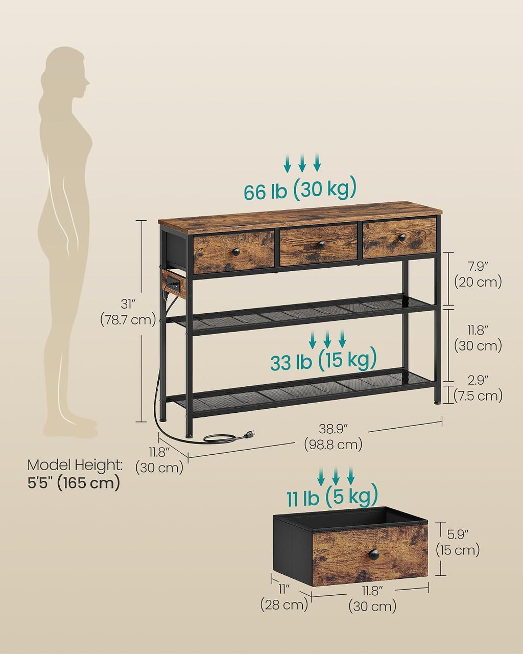 SONGMICS Console Table with Charging Station, Narrow Sofa Table with LED Lighting, for Entryway, Living Room, 11.8 x 38.9 x 31 Inches, 3 Fabric Drawers, Rustic Brown, BELLAH Collection ULGS198K101