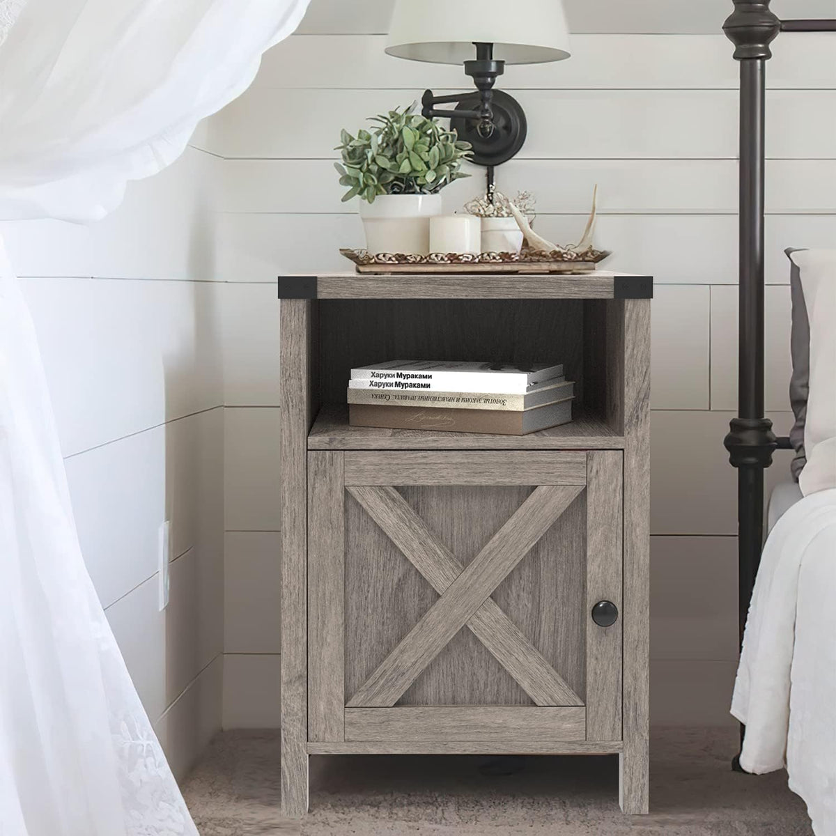 Farmhouse End Table, Nightstand with Barn Door and Shelf,Grey Wash | End Tables,Wooden Sofa Side Table, Modern Bed Side Table Rustic Nightstands, Bedroom, Living Room