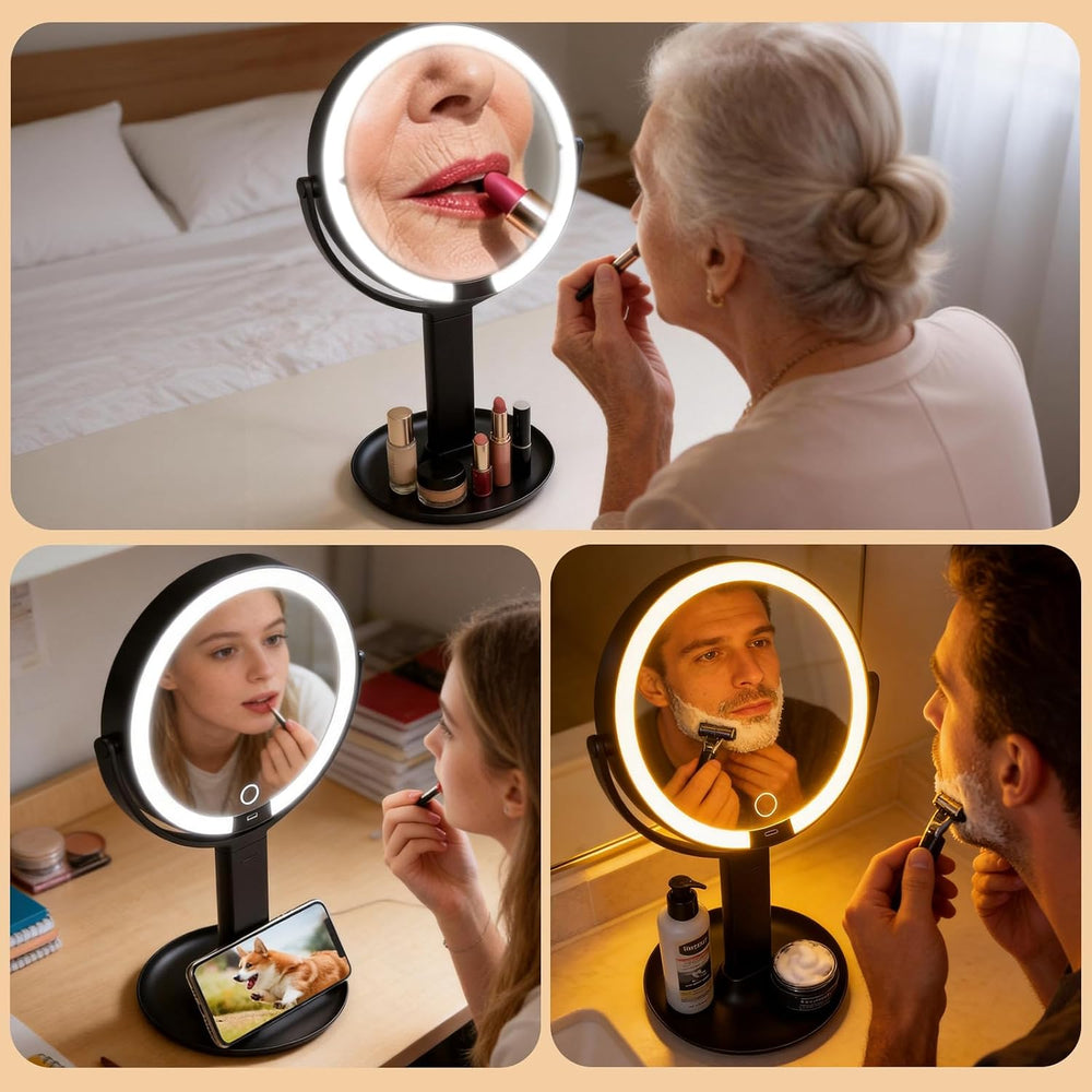 2-Sided LED Makeup Magnifying Mirror, Replaceable Magnifying Lenses-40X&10X