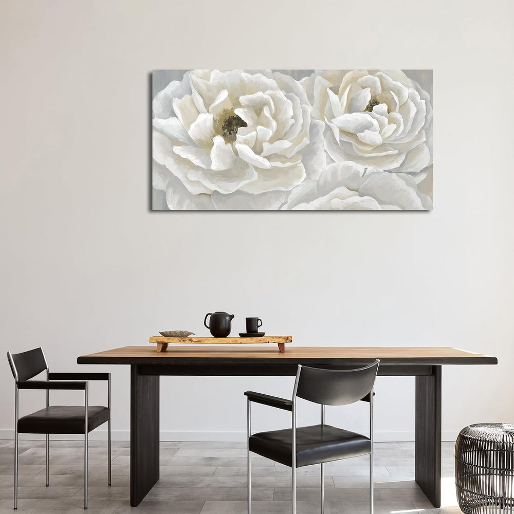 Cream White Flower Wall Art Elegant Botanical Painting Prints, 24"x48"