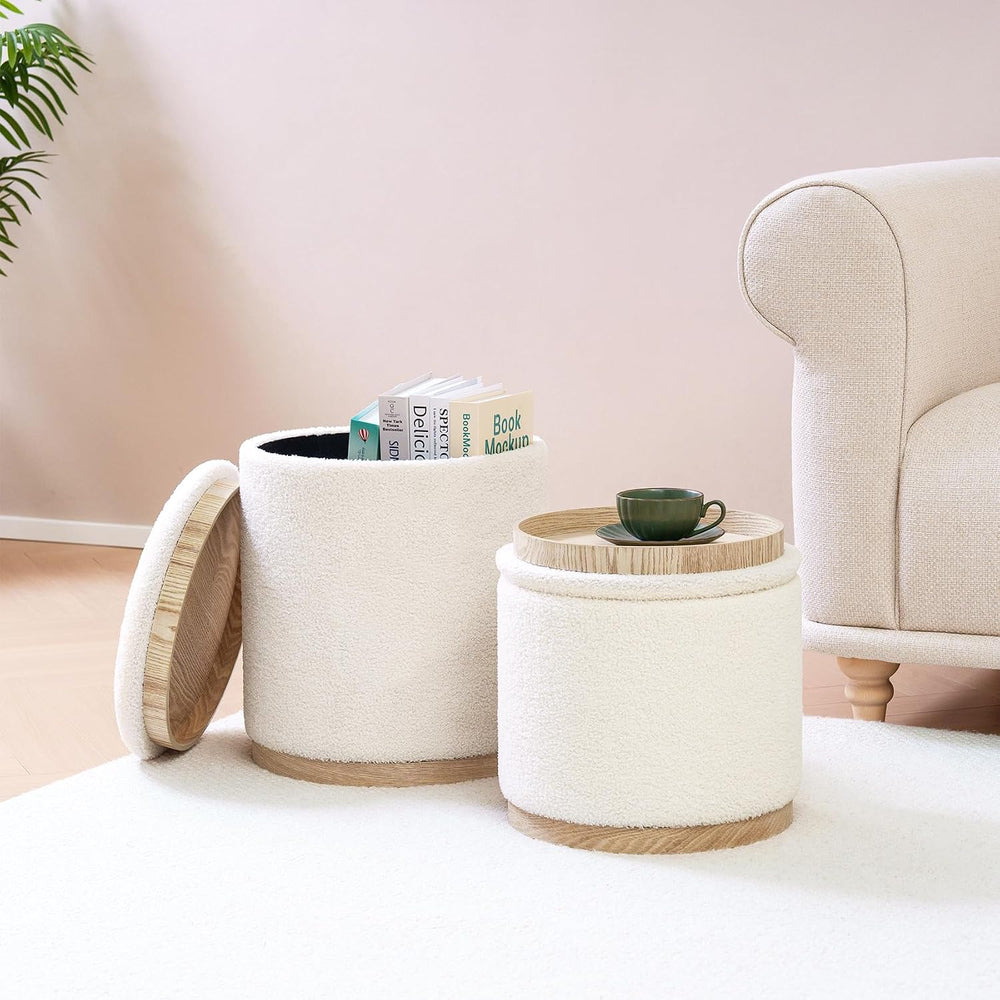PINPLUS Round Storage Ottoman Set of 2, Cream Boucle Stools with Tray