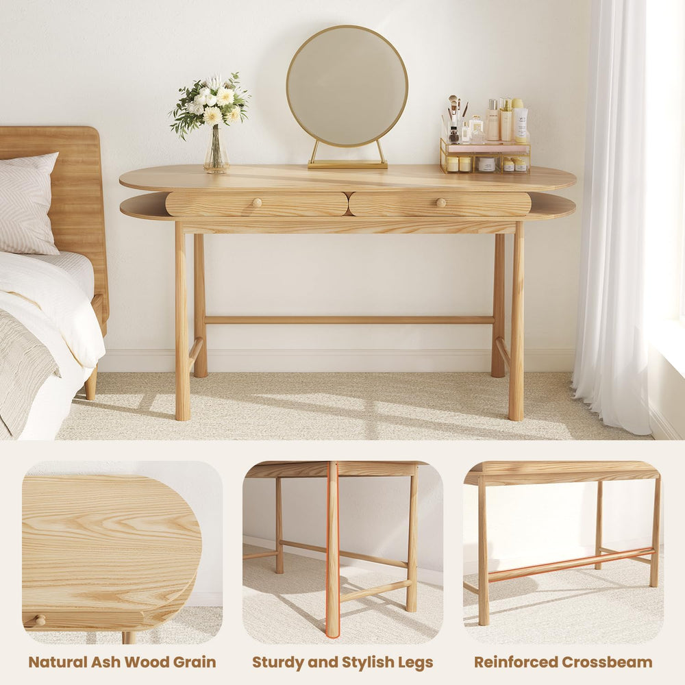 48in Solid Wood Desk - Oval-Shaped Double-Top Dressing Table, Ash