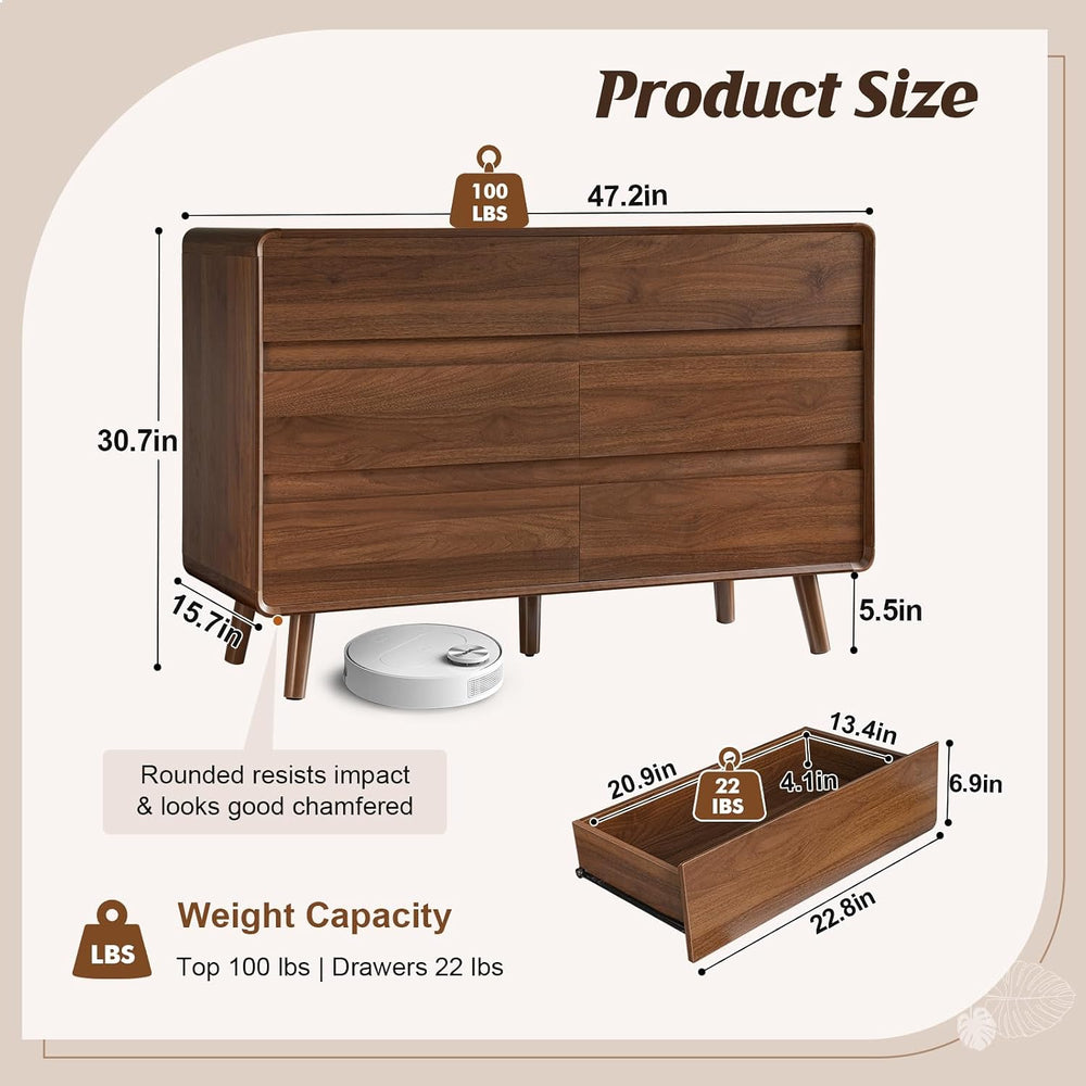 Nasonet 6 Drawer Dresser for Bedroom, 47'' Wide Mid Century Modern Dr...