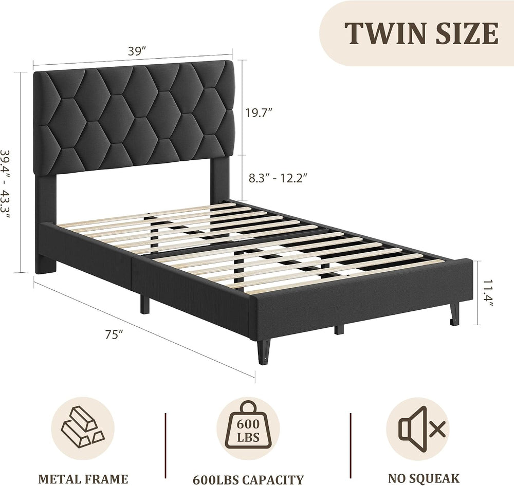 GarveeHome Twin size Bed Frame, Adjustable Upholstered Headboard,Gray