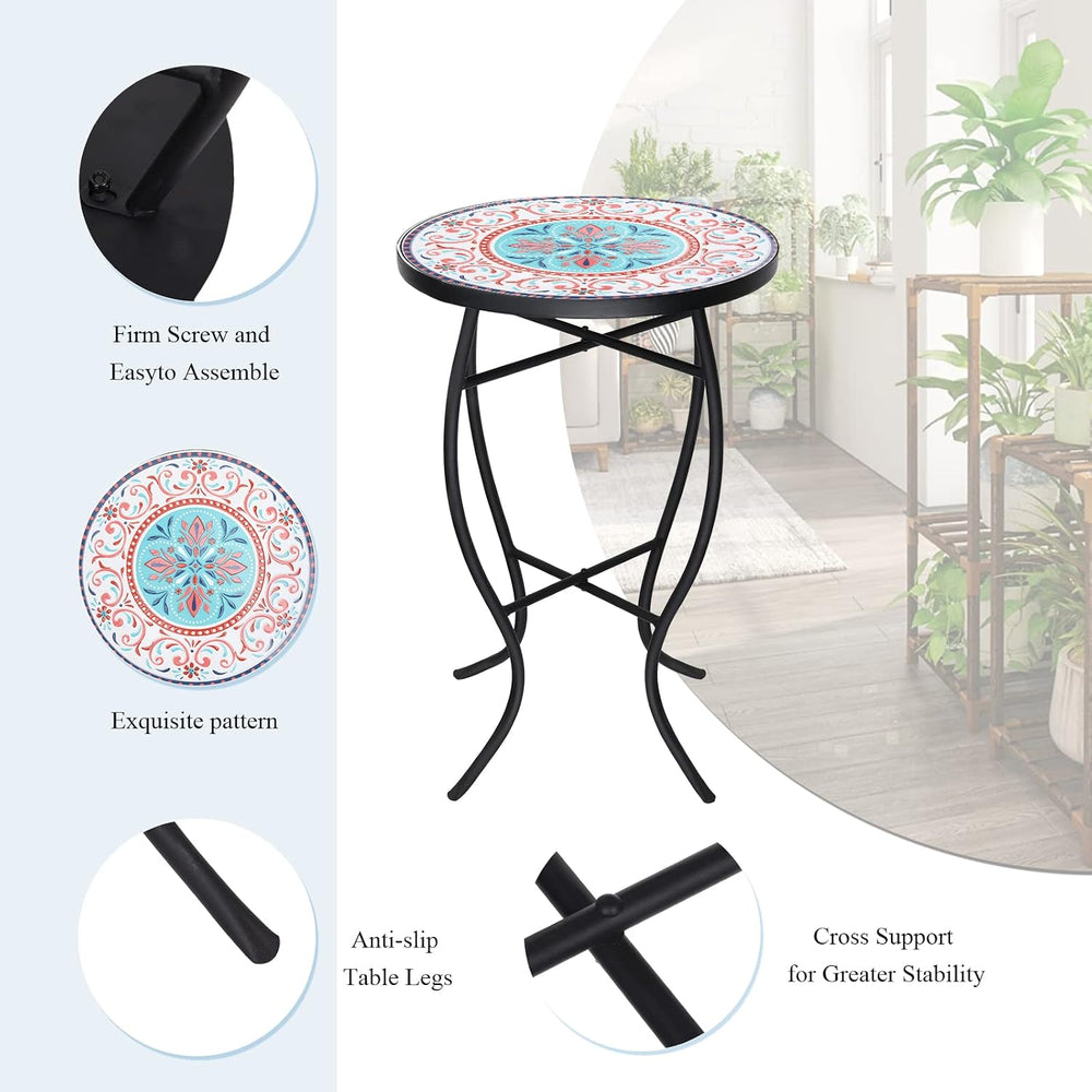 VCUTEKA Mosaic Outdoor Side Table, 14" Round Small Patio Accent Table