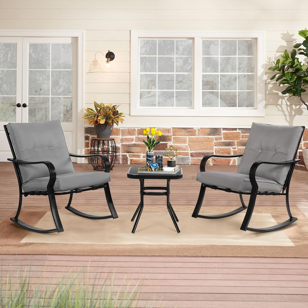 SOLAURA 3-Piece Outdoor Rocking Chairs Bistro Set, Black Iron Patio Furniture...