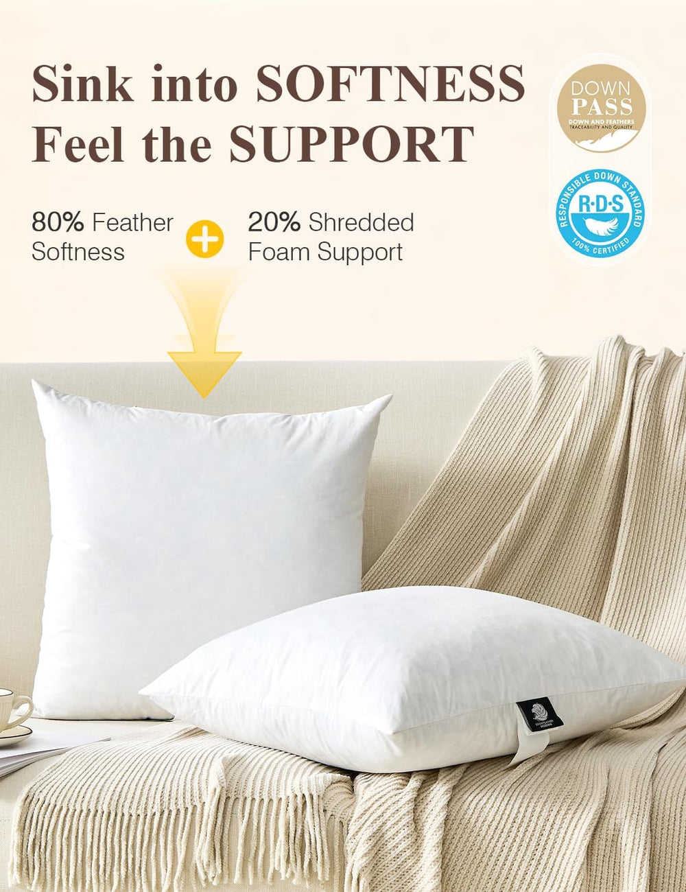 Soft Feather Throw Pillow Inserts, 18 x 18 Inches, Set of 2
