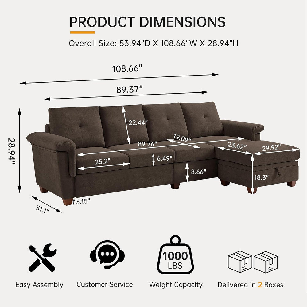 108'' L Shape Sectional Sofa, 4 Seat Fabric Couch for Living Room