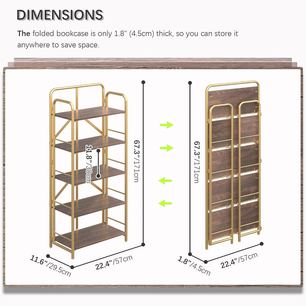 4NM No Assembly Folding Bookshelf, 5 Tier Collapsible Book Shelves Open Indus...
