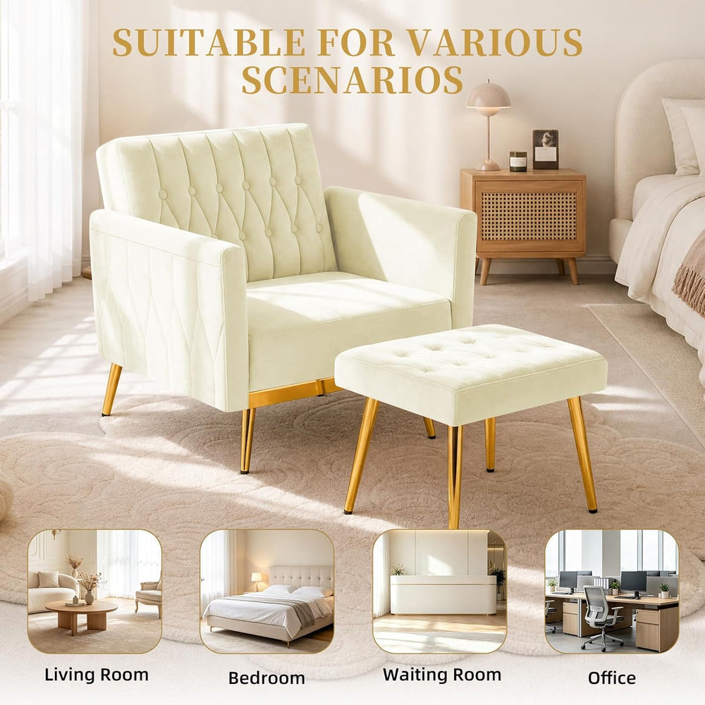 Velvet Accent Chair w/Ottoman & Adjustable Backrest, Beige