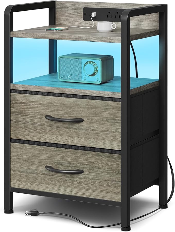 Night Stand Bedside Charger Bedroom - Grey Nightstand with Charging Station & LED Light Strip, Morden End Table with USB Ports & AC Outlets, Night Stand with Storage Shelf & 2 Fabric Drawers