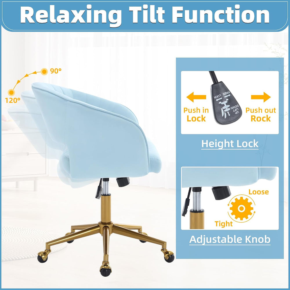 ABET Desk Chair with Wheels, Gold Base, Velvet Accent Vanity Armchair, Blue