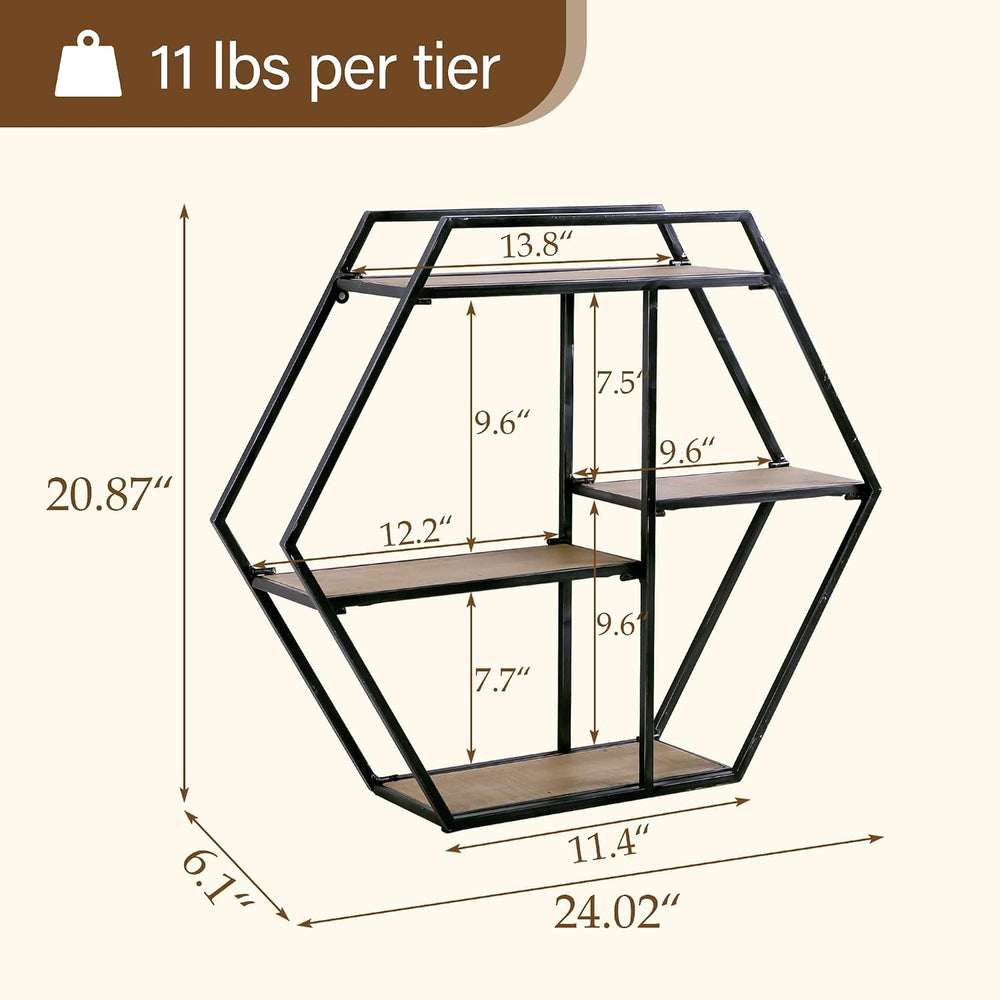 4 Tier Industrial Style Foldable Hexagon-Shaped Wall Shelves