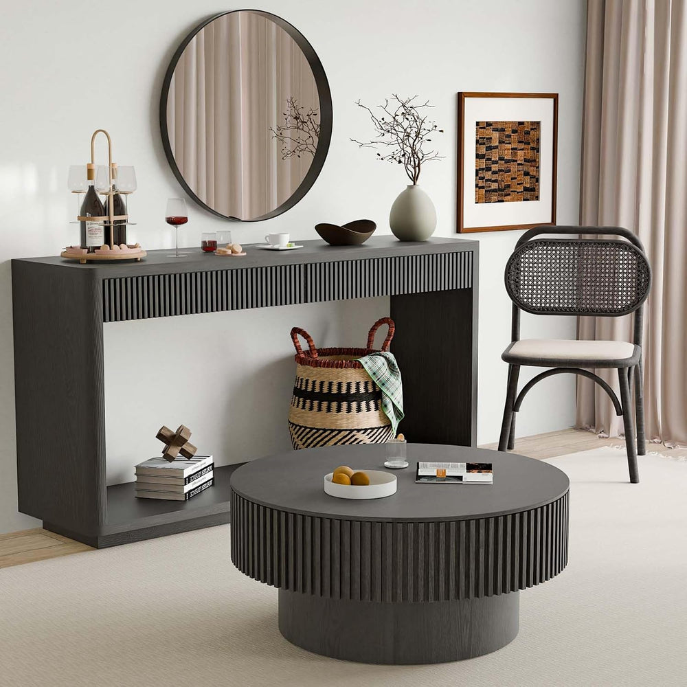 Round Coffee Table with Storage, Modern Wooden Coffee Table