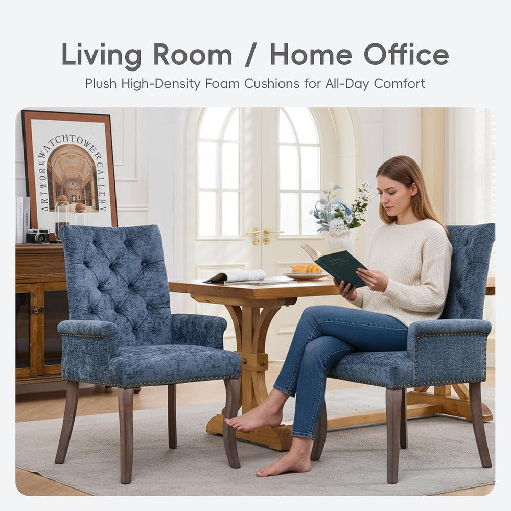 Blue Chenille Dining Chairs Set of 2, Tufted Upholstered Dining Room Chairs