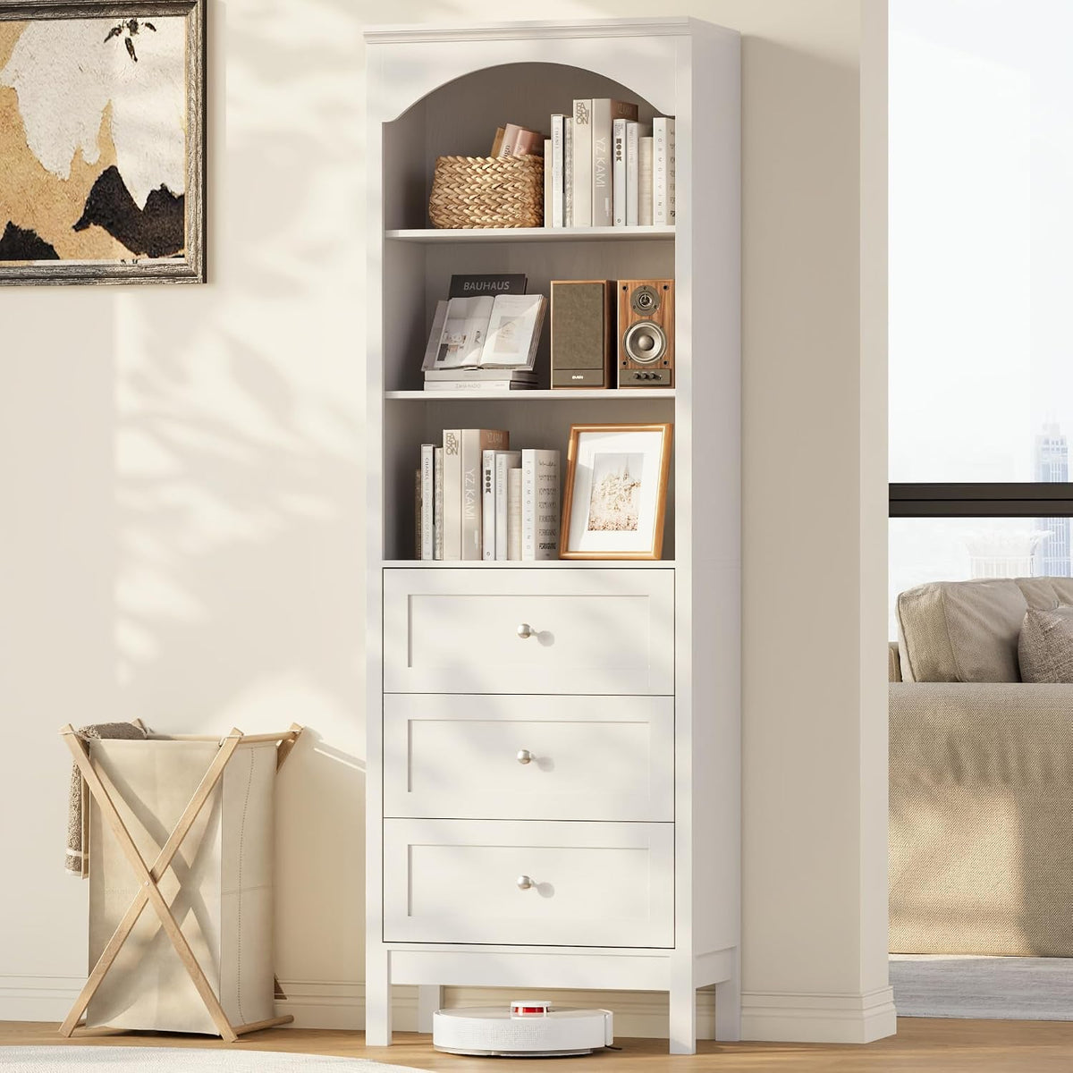 71" H Tall Bookshelf with Drawers, Arched Book Shelf with Open Shelves