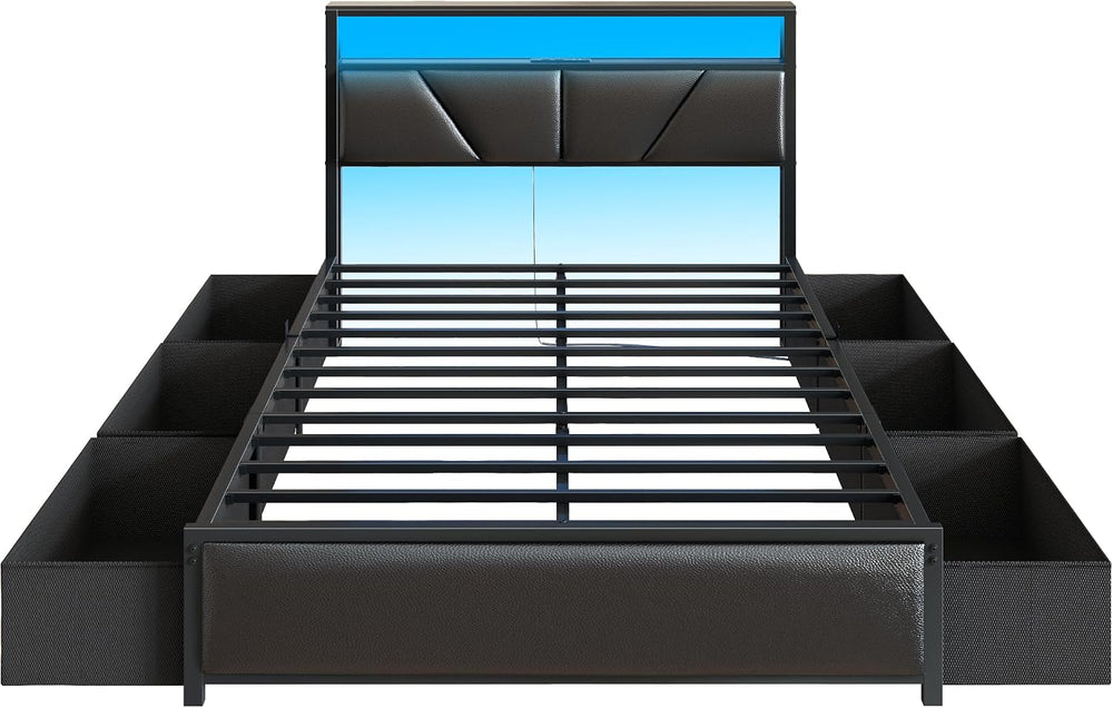 OURPIC Full Size Bed Frame with Storage Headboard, 6 Drawers, LED&Charging