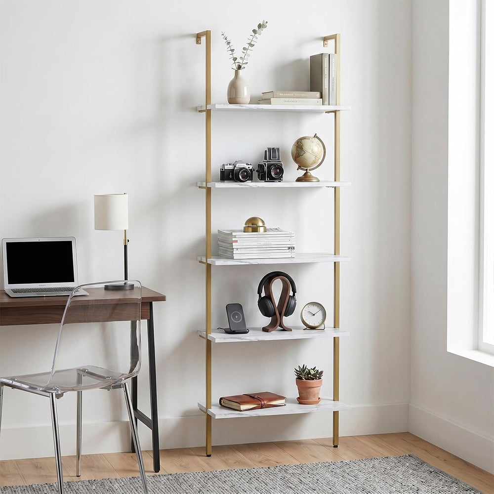 aboxoo Ladder Shelf 2PCS White Marble Bookshelf 5-Tier Wall-Mounted Wood Rack...
